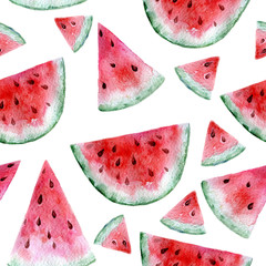 Hand painted watercolor seamless texture with watermelon slices isolated on white. Repeating summer fruit background. Bright and juicy. Fruits pattern