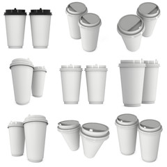 Disposable coffee cups set. Blank paper mug with plastic cap. 3d render isolated on white background