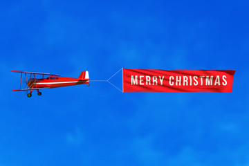Flying airplane and Christmas banner on blue sky. 3D illustration