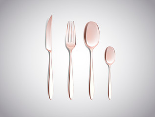 Cutlery Set of Golden, copper Forks Spoons and Knifes Top View I