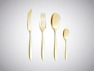 Cutlery Set of Golden Forks Spoons and Knifes Top View Isolated