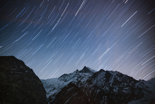 Machapuchare base camp area, at night, long exposure, ABC trek (Annapurna Base Camp trek), Nepal