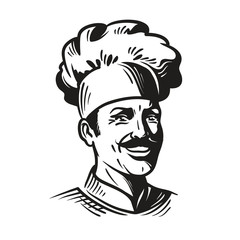 Portrait happy chef in hat and mustache. Smiling cook man. Vector illustration