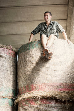 Portrait of young male farmworker on top of haystack in farm barn