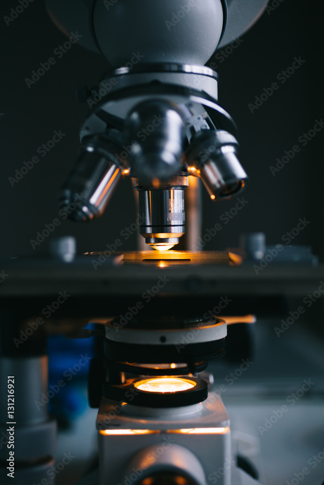 Wall mural close up of examining of test sample under the microscope in laboratory.