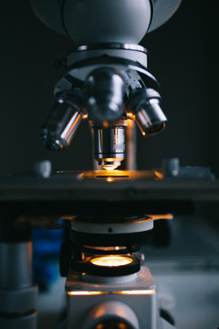 Close up of examining of test sample under the microscope in laboratory.