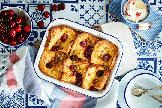 Cherry bread and butter pudding