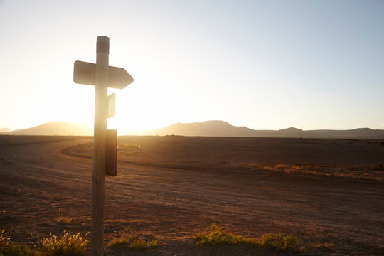 Sign post on roadside, El Cotillo, Fuerteventura, Spain