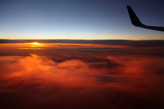 Aerial view of red sky at sunset, Fuerteventura, Spain
