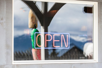 Neon open sign on window, Homer Spit, Kachemak Bay, Alaska, USA