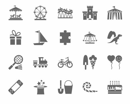 Children's games and entertainment, icons, monochrome, vector. Vector flat icons of items and objects for children. Children's rest. Gray image on a white background.  