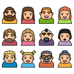 Set of people icons with faces. Vector women and men characters