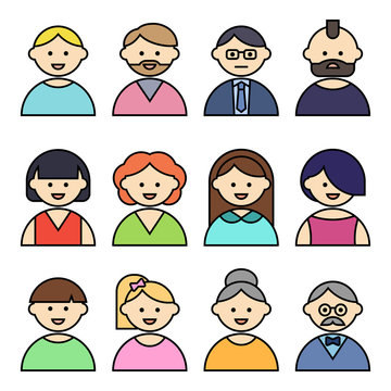 Set of people icons with faces. Vector women and men character