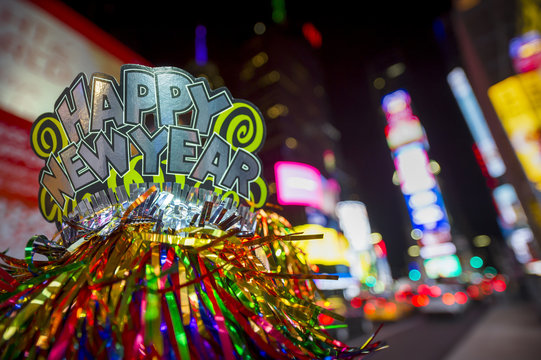 Happy New Year hat with colorful decoration in Times Square, New York City