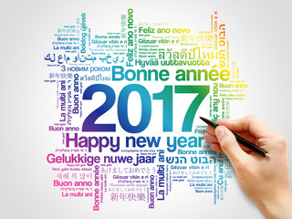 2017 Happy New Year in different languages, celebration word cloud greeting card