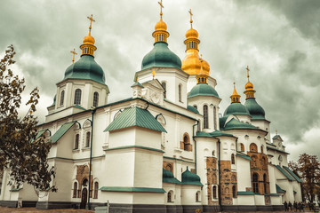 Fototapeta na wymiar Saint Sophia Sofia Cathedral Tower Golden Dome Sofiyskaya Square Kiev Ukraine.