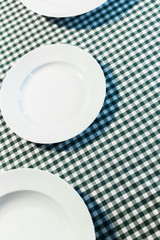 the plate on checkered table cloth
