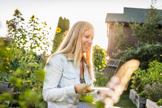 Woman looking at laptop in community garden, Vancouver, Canada