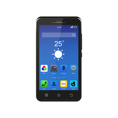 Black smartphone with menu icons isolated on white, vector illustration