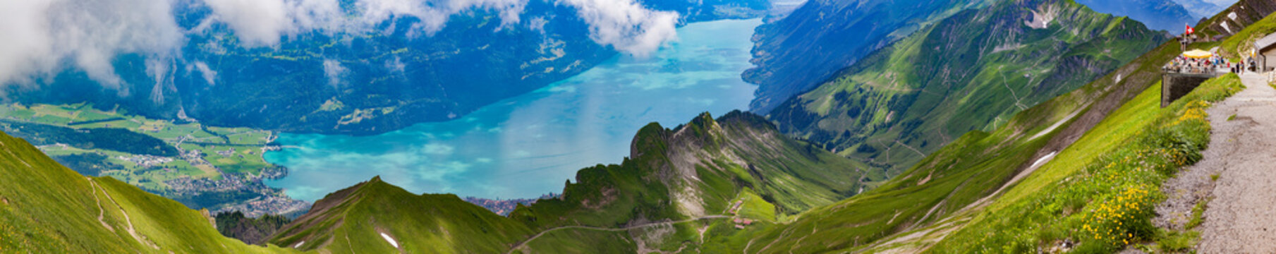 Panoramic view of river in valley, Brienzer Rothorn, Bernese Oberland, Switzerland