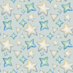 Hand painted watercolor seamless texture with winter confetti. Aquarelle repeating background  with stars and geometry figures. Cute blue and white pattern.