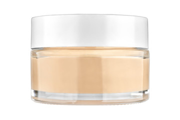 Nice glass face make-up creme foundation container with a white plastic lid, isolated on white background, clipping path included