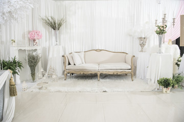 white elegance luxury wooden sofa in wedding ceremony , wedding