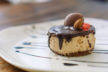 Cake on a white plate, presentation.