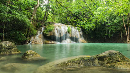 Naklejka premium Beautiful and Breathtaking green waterfall, Erawan's waterfall Located Kanchanaburi province, Thailand