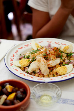 Portuguese Salada de bacalhau e gr&iacute;&pound;o-de-bico, (Salt Cod with Chickpeas and Egg)