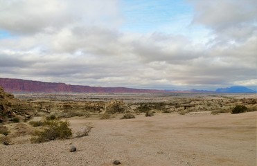 Long shot of the nature reserve Ischigualasto also called Valle de la Luna in the area San Juan in Argentina, South America