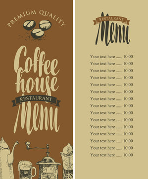 vector menu of coffee house with pictures of kitchen equipment