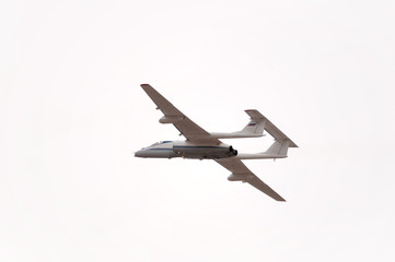 Myasishchev M-55 (Mystic) Geophysica  high altitude reconnaissance aircraft flies on cloudy sky background