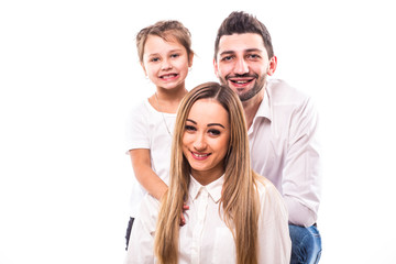 portrait of family on white background. Mother, father and daughter