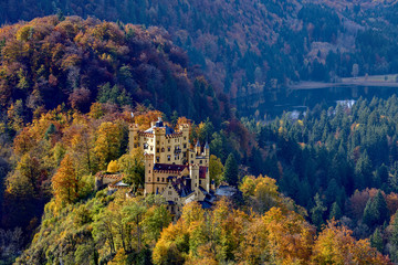 Fototapeta premium Hohenschwangau Castle and autumn trees. Bavaria, Germany. - panorama