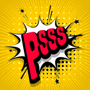 Lettering Pss, hey. Comic text sound effects. Vector bubble icon speech phrase, cartoon exclusive font label tag expression, sounds illustration. Comics book balloon