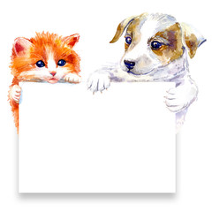 Postcard of a ginger kitten and Jack Russell Terrier and sheet of paper.Cat and dog greeting card.Watercolor hand drawn illustration.White background. - 131228154