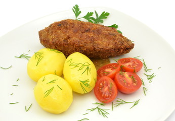 kotlet mielony z ziemniakami i pomidorem