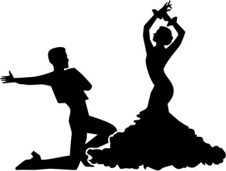 Silhouette of flamenco dancing couple - obrazy, fototapety, plakaty