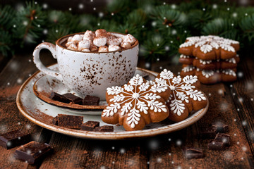 Christmas Gingerbread cookies and  hot drink  with  marshmallows  - obrazy, fototapety, plakaty