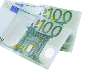two euro banknotes isolated on white background. Nominal 100 EUR