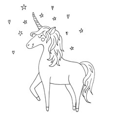 Cute vector unicorn - hand drawn kawaii style illustration with imaginary horse from children fairytale. Ink sketch with outlines