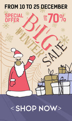 Retro Winter sale banner with santa and gifts