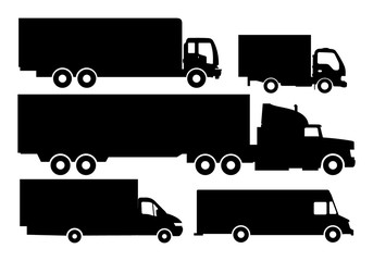Vector set of trucks and trailers black and white isolated white background. Trucks and semi-trucks. Vector illustration. Flat illustration icons.