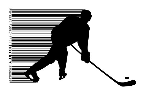 silhouette of a hockey player and barcode.