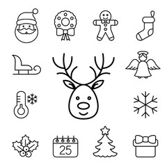 christmas xmas new year winter celebration decoration symbol line black on white icons set