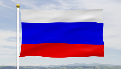 Russian flag waving in the wind on a flagpole over blue sky and clouds