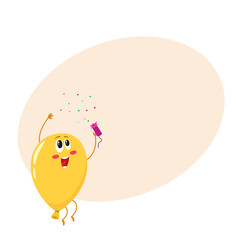 Glossy yellow balloon character with a cracker, cartoon vector illustration on background with place for text. Birthday balloon funny character with smiling face, arms and legs