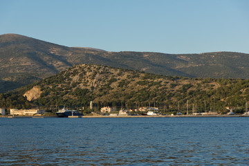 Fototapeta na wymiar Sunset Landscape to Kefalonia mountain from town of Argostoli, Ionian islands, Greece