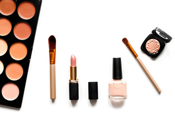 decorative cosmetics nude on white background top view